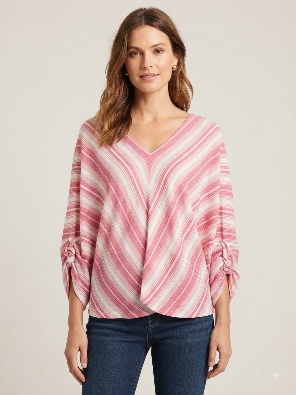 Ariat Maggie Poncho Blouse Camellia Pink White Chevron Stripe V-Neck Top Size L